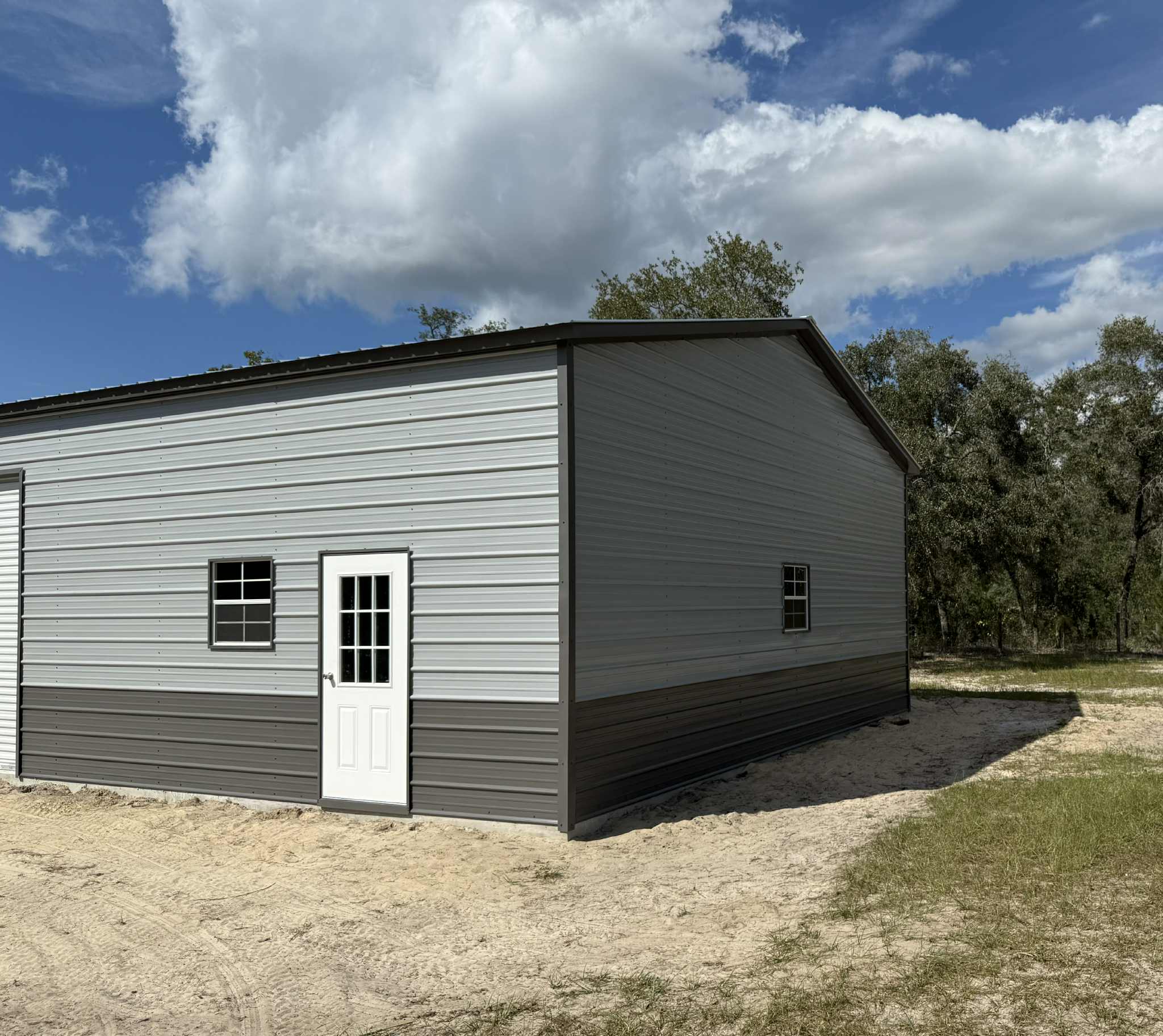 Gray metal building side view